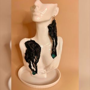Ear Rehab Earrings Black Leather w/ Gorgeous Iridescent beads